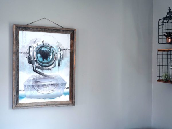 Our diving helmet prints are standard 18x24 frame size
